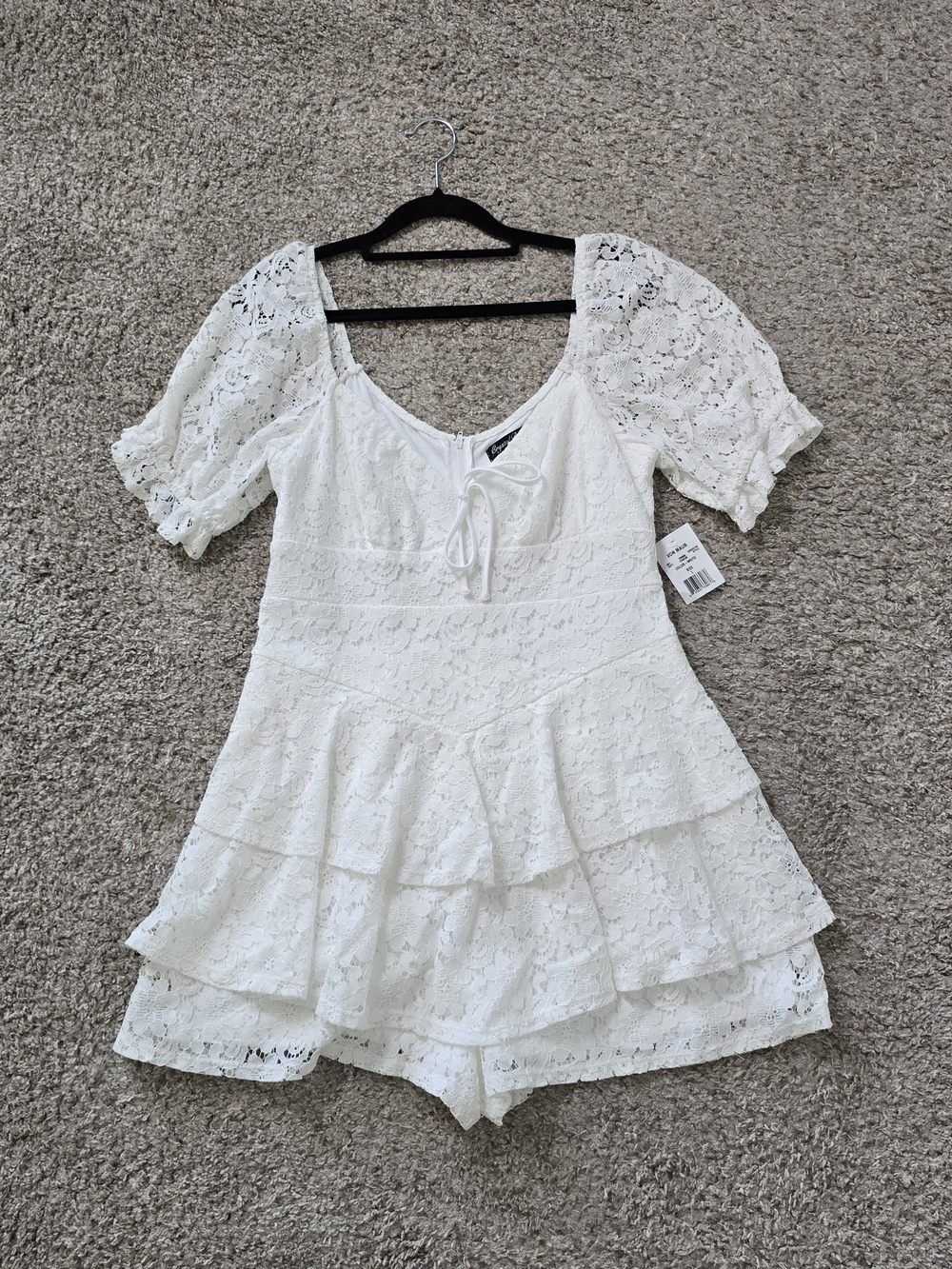 Crystal Doll White Lace Tiered Romper Dress Puff Sleeve Coquette Cottagecore L